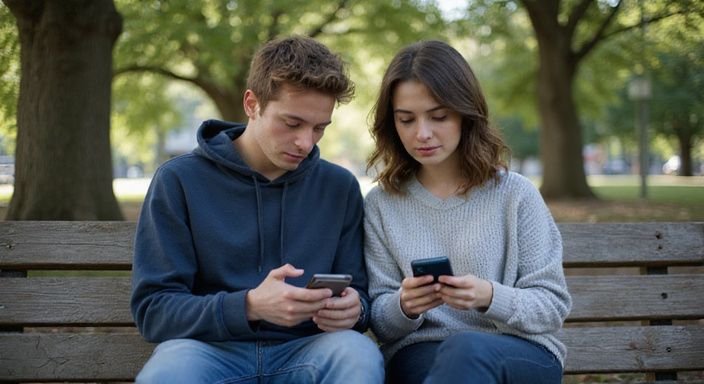 Ein Paar sitzt entspannt auf einer Parkbank und schaut auf Smartphones. Ein Paar sitzt entspannt auf einer Parkbank und schaut auf Smartphones.