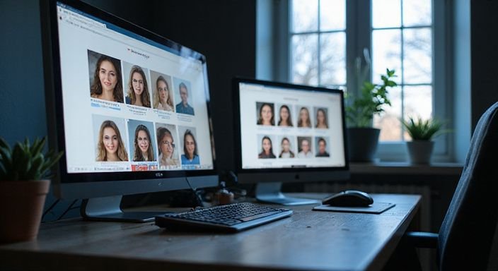 Ein Computerbildschirm zeigt Profile von Frauen auf Dating-Websites. Ein Computerbildschirm zeigt Profile von Frauen auf Dating-Websites.