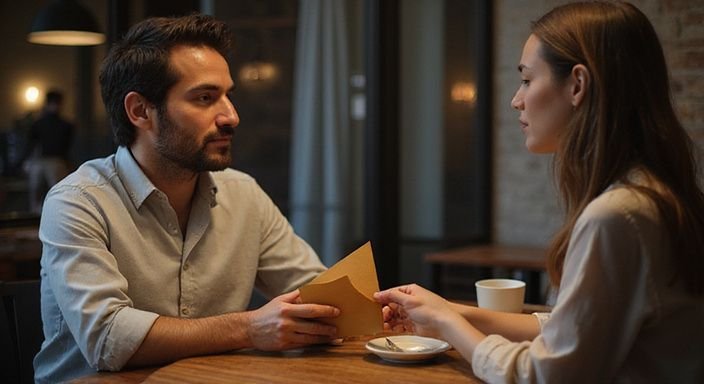 Zwei Personen tauschen heimlich einen Brief in einem Café aus.