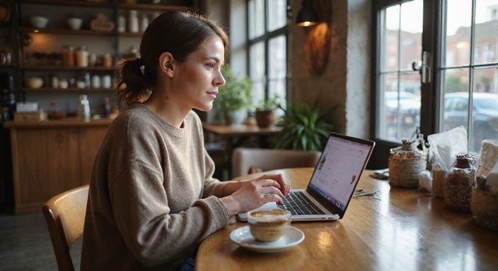 Eine Frau arbeitet konzentriert an ihrem Laptop in einem Café und wollen sexkontakt in Sachsen-Anhalt.
