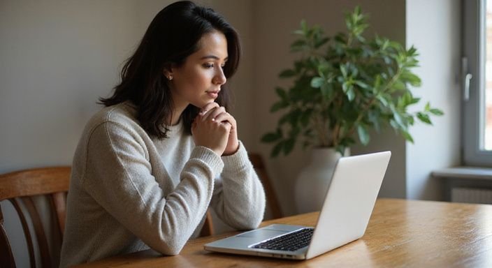 Eine Frau studiert aufmerksam Profile auf einer Dating-Website für sexkontakt in Sachsen-Anhalt.