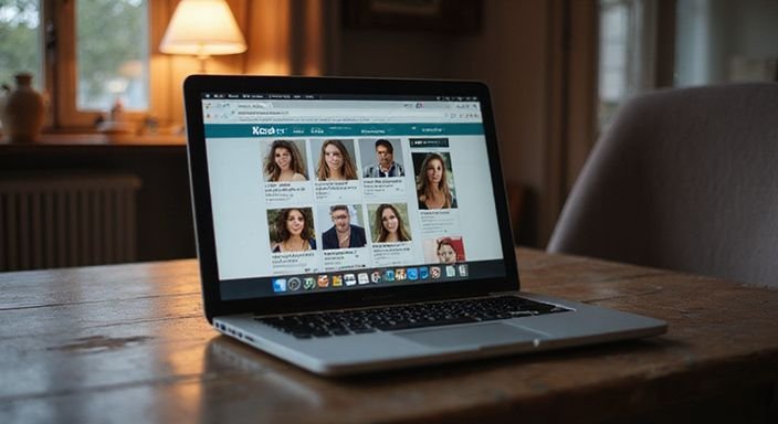 Ein Laptop zeigt eine Adult-Dating-Website auf einem Holztisch.