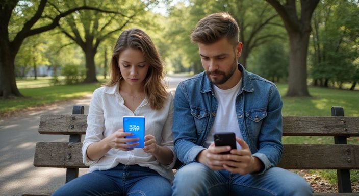 Ein Paar sitzt entspannt auf einer Bank und nutzt Smartphones.