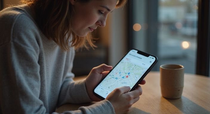 Eine Frau konzentriert sich auf ihr Smartphone und suche sexkontakt in Schleswig-Holstein.