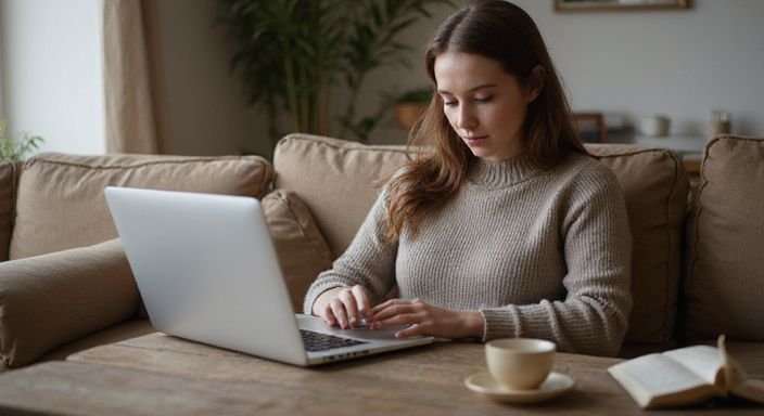 Eine Frau sitzt entspannt und konzentriert mit einem Laptop im Wohnzimmer.