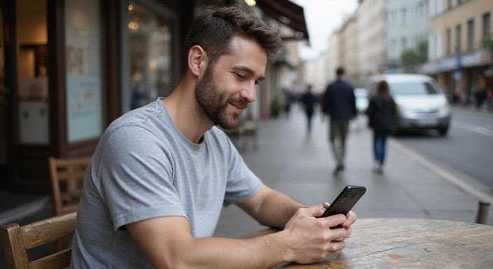 Ein Mann in einem Café scrollt durch eine Dating-App.