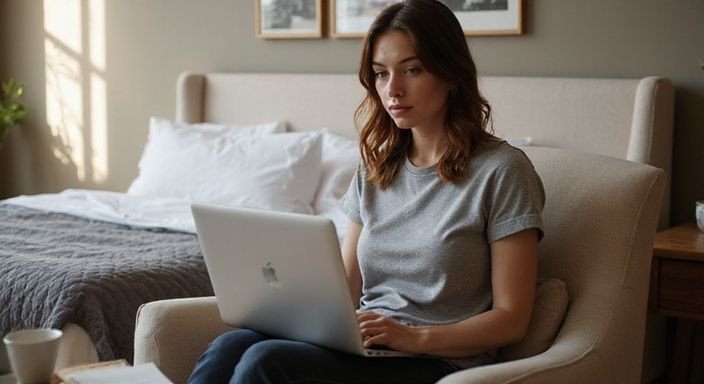 Eine Frau arbeitet konzentriert am Laptop in ihrem Schlafzimmer und suche sexkontakt in Stuttgart.