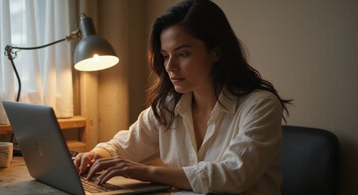 Eine nachdenkliche Frau arbeitet konzentriert an ihrem Laptop in einem Zimmer und suche sexkontakt in Thüringen.