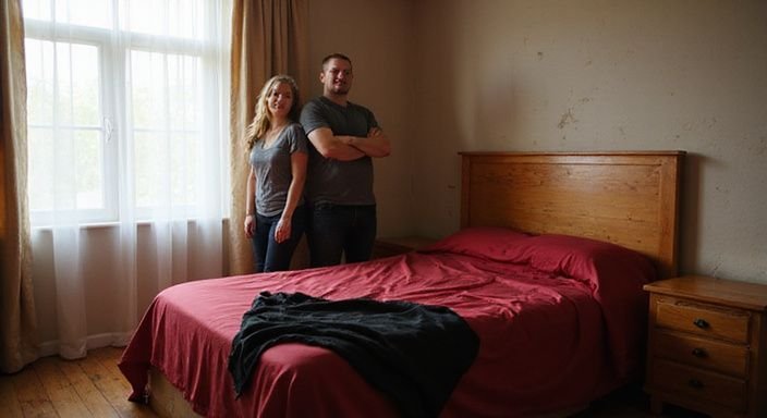 Ein Schlafzimmer mit bedrucktem Bettzeug und einem Pärchen in Ruhe.