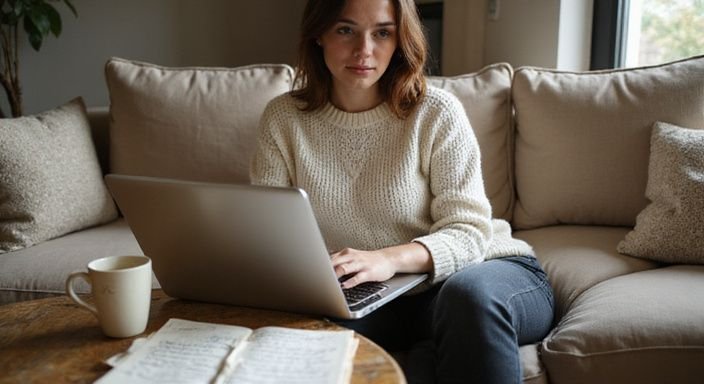 Eine Frau sitzt auf einem Sofa und arbeitet am Laptop.