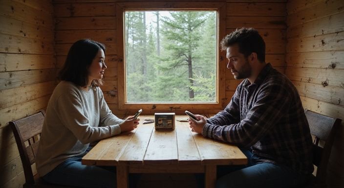 Ein Paar sitzt in einer Hütte an einem Tisch und schaut aufs Handy.
