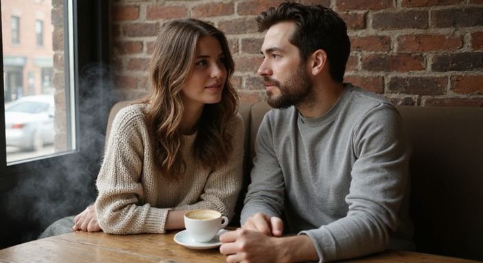 Ein Paar sitzt in einem Café und führt ein Gespräch.