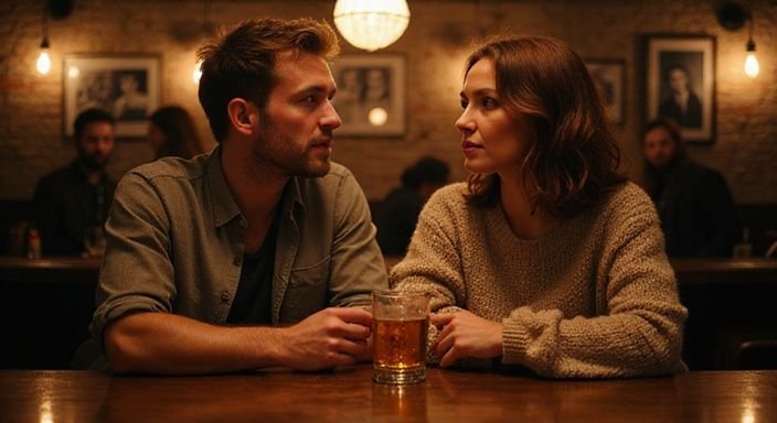Ein Paar in Köln führt ein intimes Gespräch über sexkontakte Köln an der Bar.