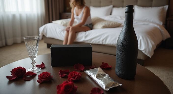 Ein romantisches Hotelzimmer mit Champagner, Kondomen und Rosenblättern.