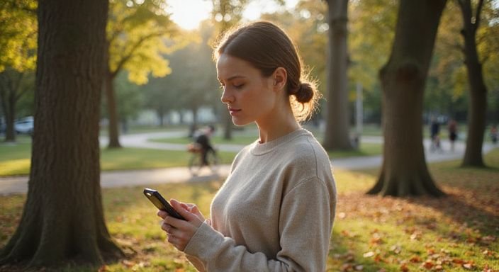 Eine Frau in einem Park nutzt ihr Smartphone zur Orientierung. Eine Frau in einem Park nutzt ihr Smartphone zur Orientierung.