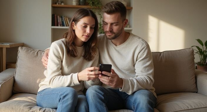 Ein Paar sitzt entspannt auf einer Couch und schaut auf ein Smartphone. Ein Paar sitzt entspannt auf einer Couch und schaut auf ein Smartphone und suche sexkontakte in München.