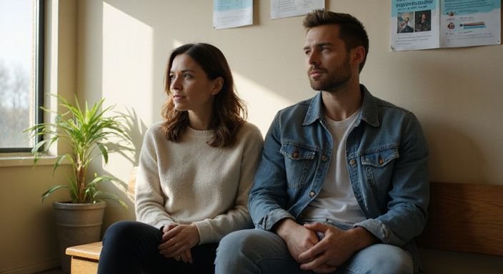 Ein Paar sitzt nebeneinander in einem Gesundheitszentrum und unterstützt sich. Ein Paar sitzt nebeneinander in einem Gesundheitszentrum und unterstützt sich.