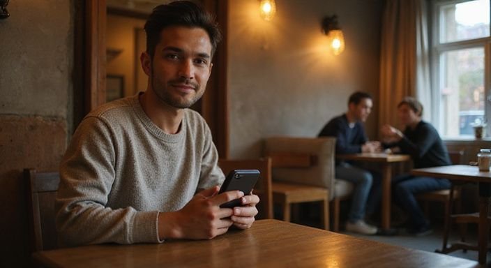 Eine Person in einem Café tippt entspannt auf ihr Smartphone. Eine Person in einem Café tippt entspannt auf ihr Smartphone.