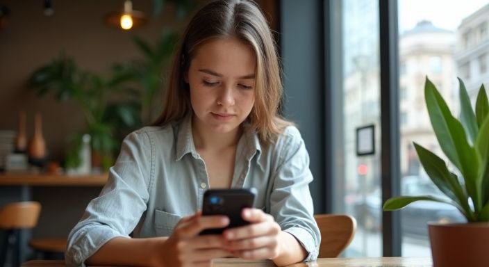 Ein junger Erwachsener sitzt entspannt in einem Café und schaut auf sein Smartphone. Ein junger Erwachsener sitzt entspannt in einem Café und schaut auf sein Smartphone.