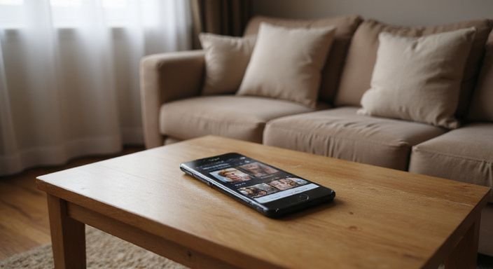 Ein modernes Smartphone zeigt eine Dating-App auf einem Couchtisch. Ein modernes Smartphone zeigt eine Dating-App für sexkontakte München auf einem Couchtisch.