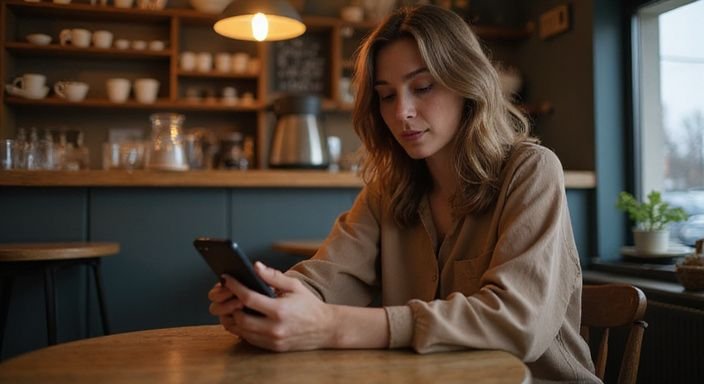 Eine Frau in einem Café entspannt sich und nutzt ihr Smartphone.